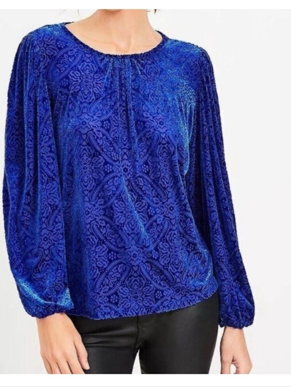 LOFT Royal Blue Paisley Burnout Velvet Puff Sleeve Blouse Top - Size M